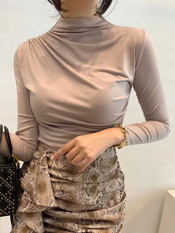 Long Sleeves Skinny Pleated Solid Color Mock Neck T-Shirts Tops - Image 3