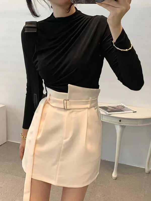 Long Sleeves Skinny Pleated Solid Color Mock Neck T-Shirts Tops - Image 4