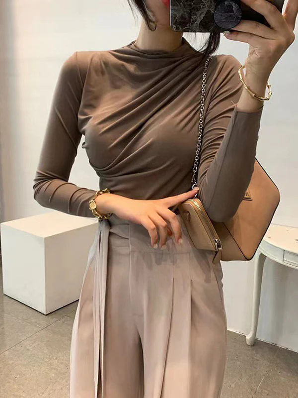 Long Sleeves Skinny Pleated Solid Color Mock Neck T-Shirts Tops - Image 5