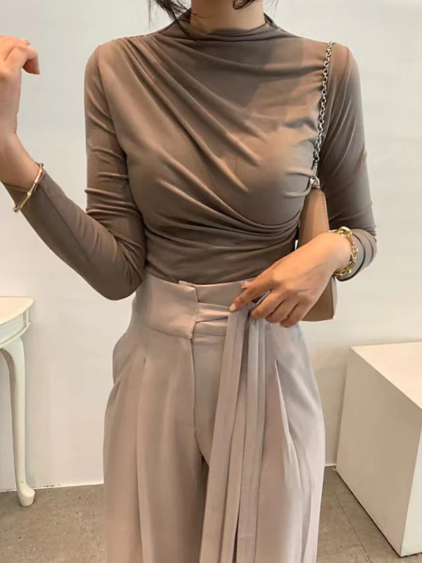 Long Sleeves Skinny Pleated Solid Color Mock Neck T-Shirts Tops - Image 6