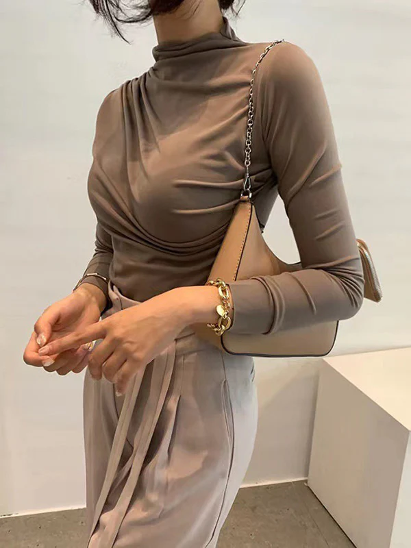 Long Sleeves Skinny Pleated Solid Color Mock Neck T-Shirts Tops - Image 7