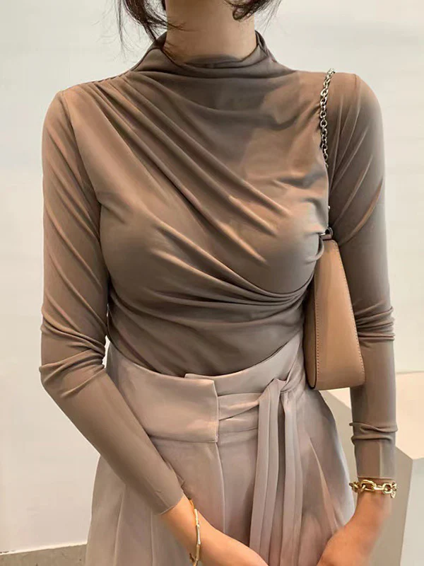 Long Sleeves Skinny Pleated Solid Color Mock Neck T-Shirts Tops - Image 8