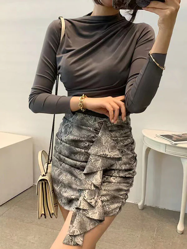 Long Sleeves Skinny Pleated Solid Color Mock Neck T-Shirts Tops - Image 9