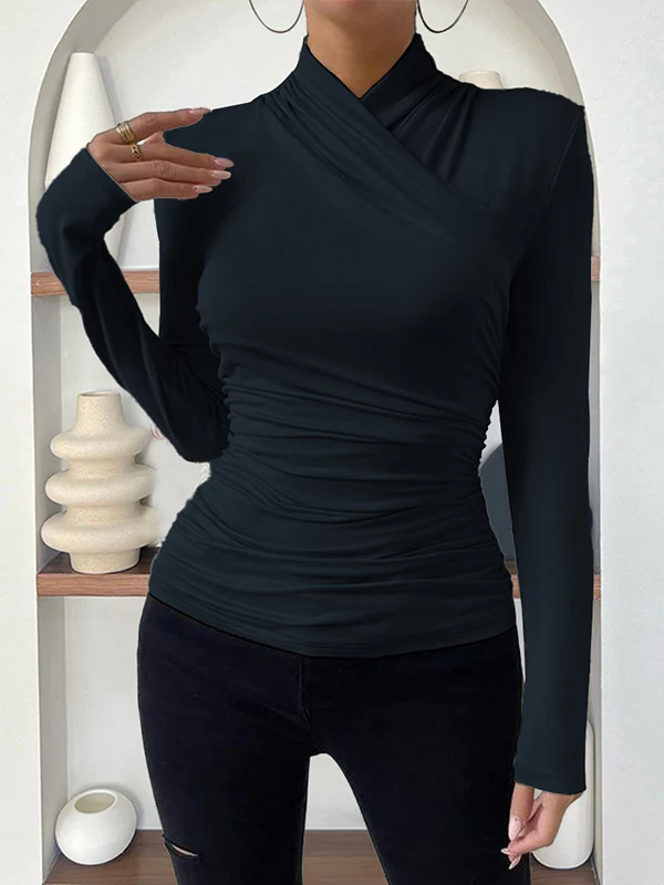 Long Sleeves Skinny Pleated Solid Color Mock Neck T-Shirts Tops - Image 10