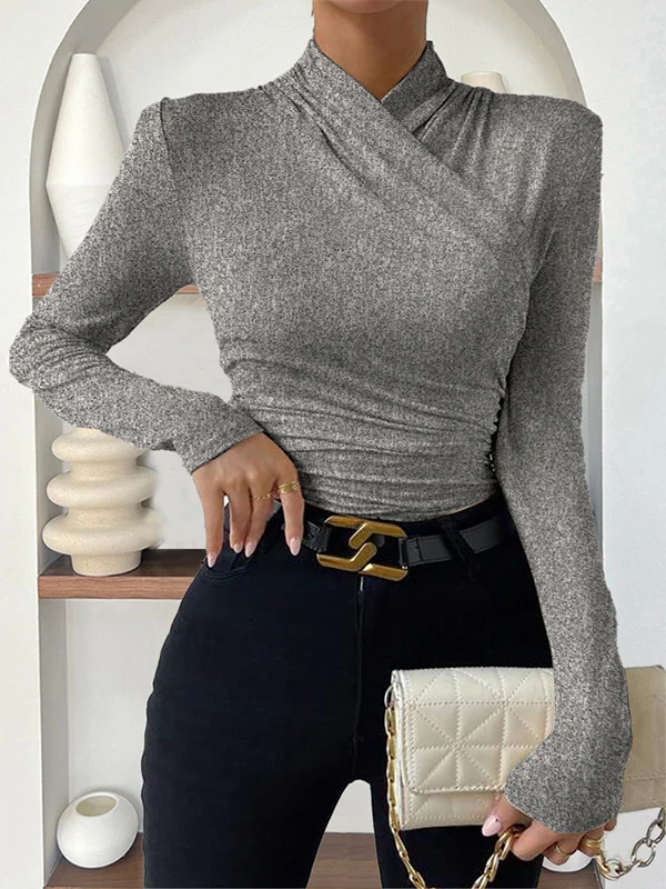 Long Sleeves Skinny Pleated Solid Color Mock Neck T-Shirts Tops - Image 12