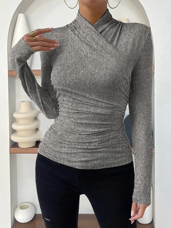 Long Sleeves Skinny Pleated Solid Color Mock Neck T-Shirts Tops - Image 13
