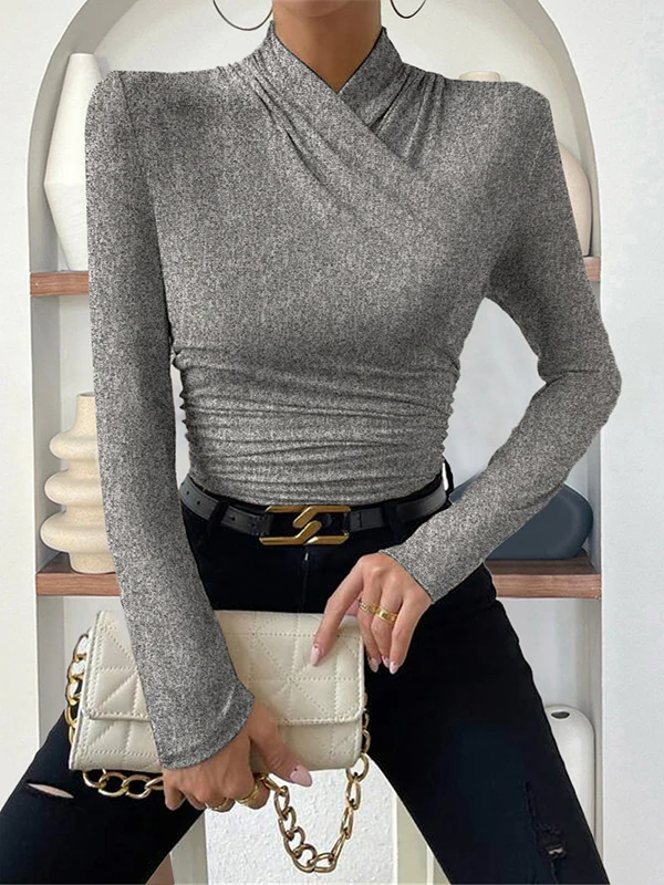 Long Sleeves Skinny Pleated Solid Color Mock Neck T-Shirts Tops - Image 14