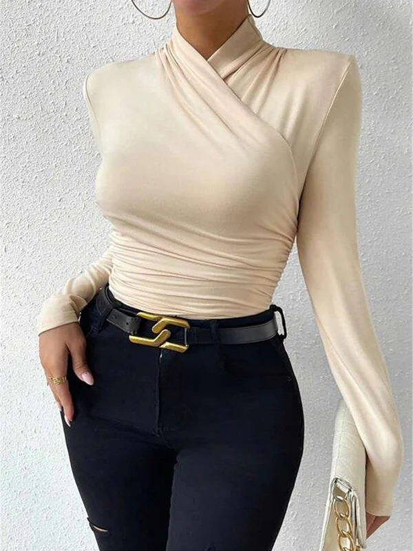 Long Sleeves Skinny Pleated Solid Color Mock Neck T-Shirts Tops - Image 4