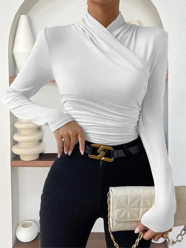 Long Sleeves Skinny Pleated Solid Color Mock Neck T-Shirts Tops - Image 5
