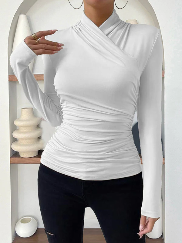 Long Sleeves Skinny Pleated Solid Color Mock Neck T-Shirts Tops - Image 6