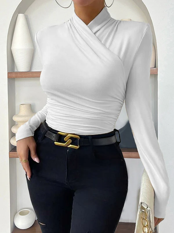 Long Sleeves Skinny Pleated Solid Color Mock Neck T-Shirts Tops - Image 7