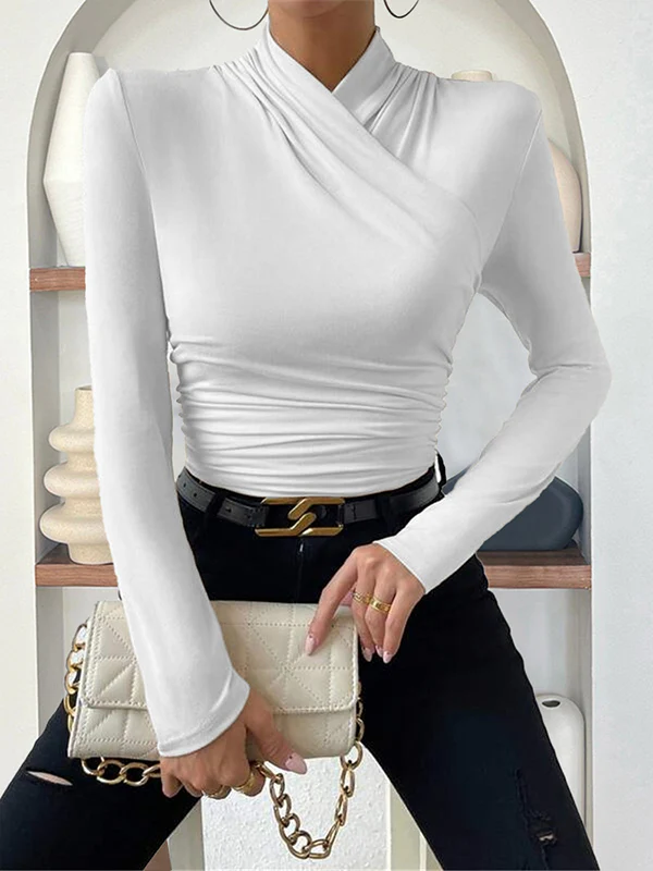 Long Sleeves Skinny Pleated Solid Color Mock Neck T-Shirts Tops - Image 8