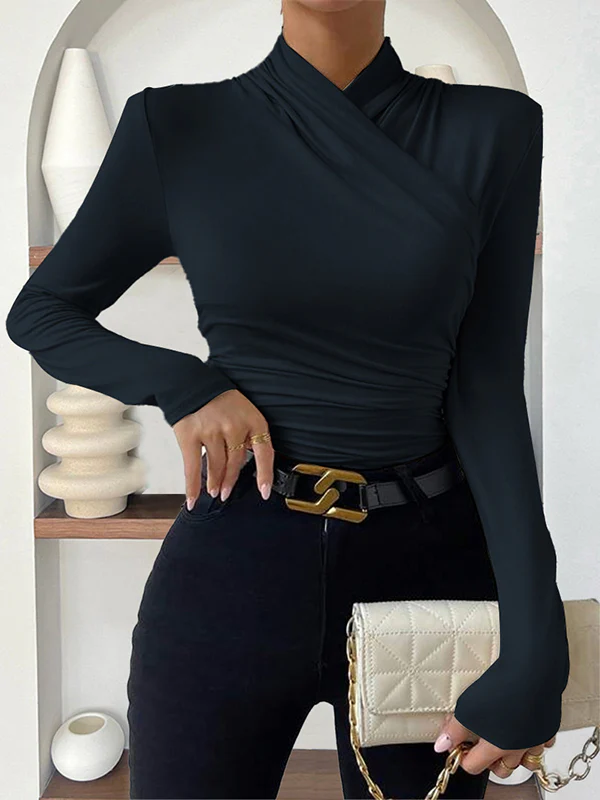 Long Sleeves Skinny Pleated Solid Color Mock Neck T-Shirts Tops - Image 9