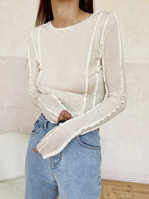 Long Sleeves Skinny Pleated Solid Color Round-Neck T-Shirts - Image 2