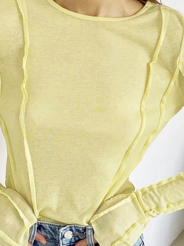 Long Sleeves Skinny Pleated Solid Color Round-Neck T-Shirts - Image 4