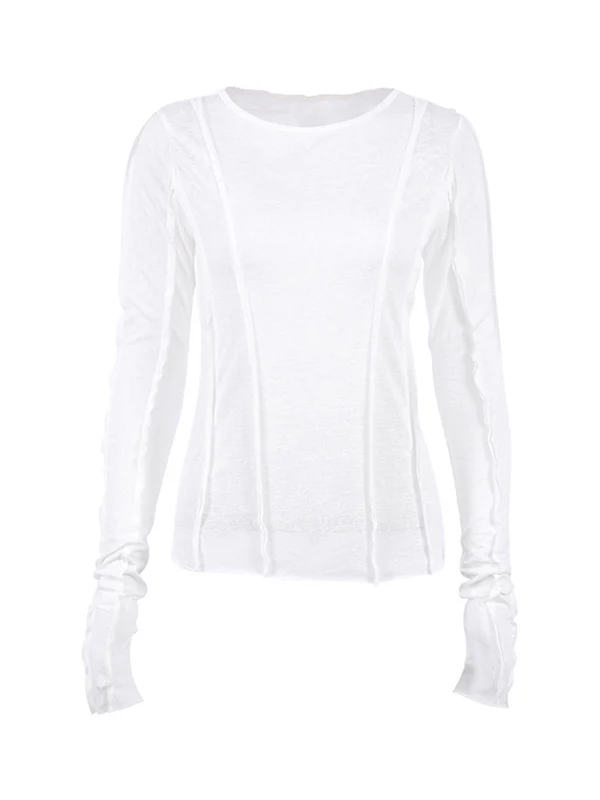 Long Sleeves Skinny Pleated Solid Color Round-Neck T-Shirts - Image 5