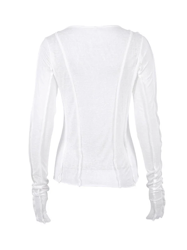Long Sleeves Skinny Pleated Solid Color Round-Neck T-Shirts - Image 6