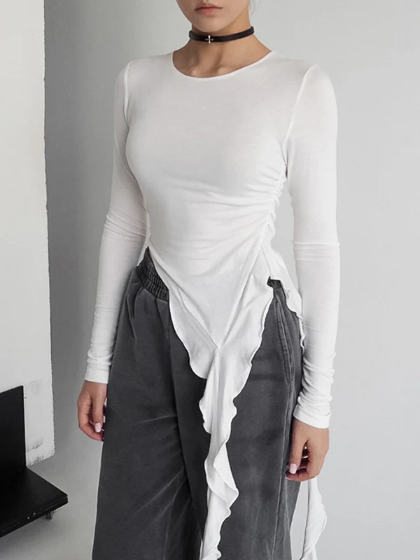 Long Sleeves Skinny Pleated Solid Color Round-Neck T-Shirts Tops - Image 2