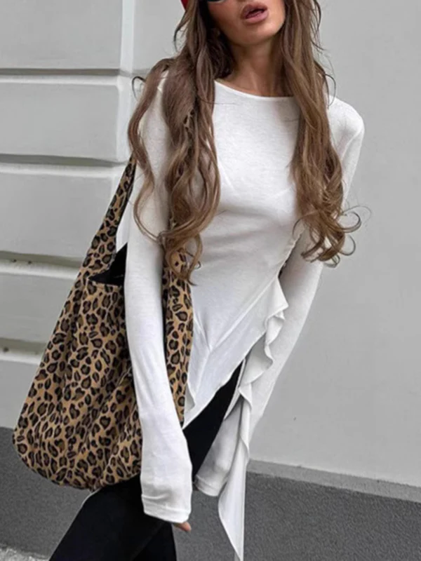 Long Sleeves Skinny Pleated Solid Color Round-Neck T-Shirts Tops - Image 3
