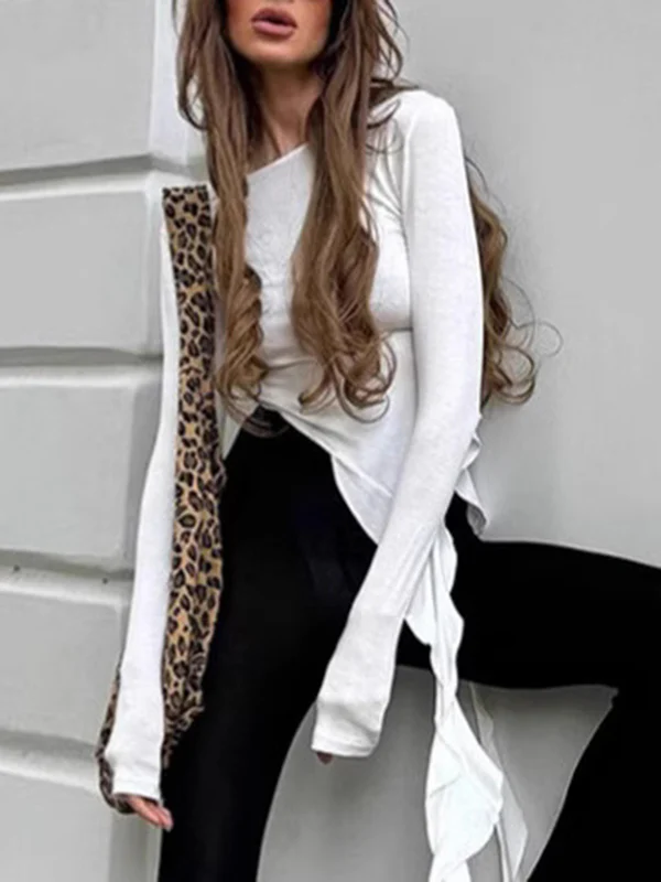 Long Sleeves Skinny Pleated Solid Color Round-Neck T-Shirts Tops - Image 4