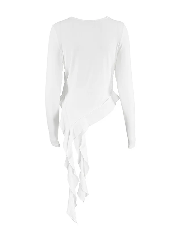 Long Sleeves Skinny Pleated Solid Color Round-Neck T-Shirts Tops - Image 7