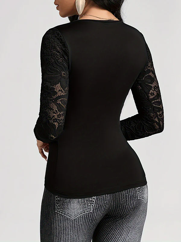 Long Sleeves Skinny Pleated Solid Color Split-Joint Deep V-Neck T-Shirts Tops - Image 5