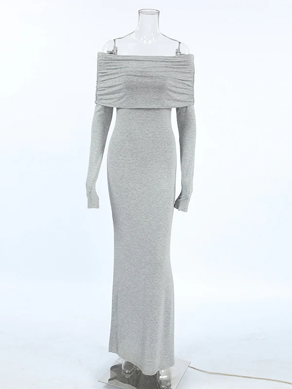 Long Sleeves Skinny Pleated Solid Color Split-Joint Off-The-Shoulder Evening Dresses Maxi Dresses - Image 10