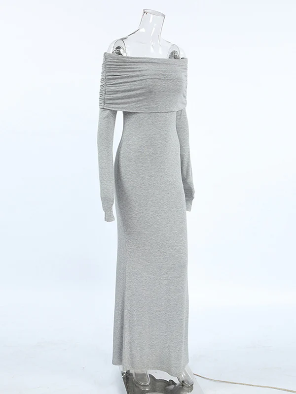Long Sleeves Skinny Pleated Solid Color Split-Joint Off-The-Shoulder Evening Dresses Maxi Dresses - Image 11