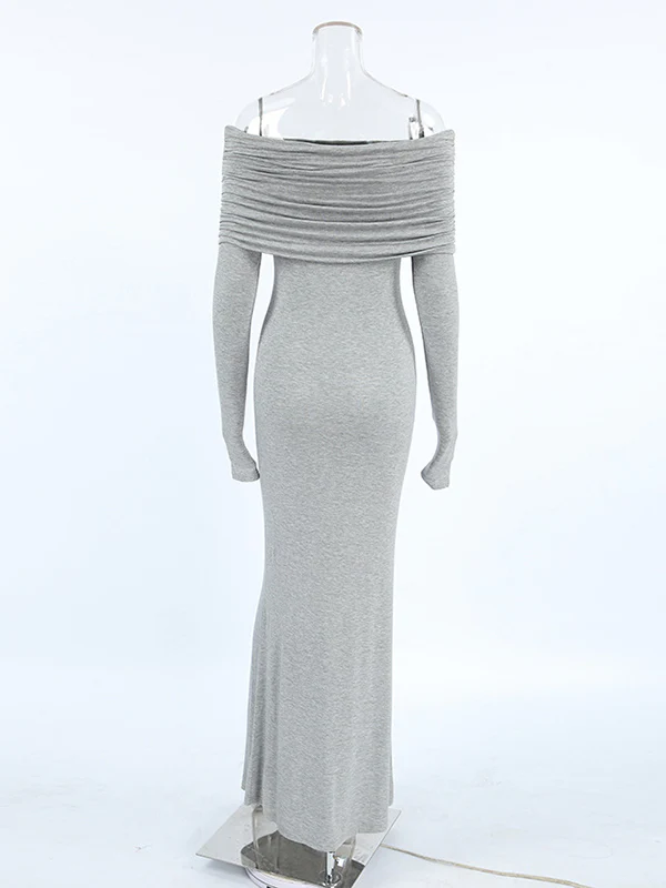 Long Sleeves Skinny Pleated Solid Color Split-Joint Off-The-Shoulder Evening Dresses Maxi Dresses - Image 12