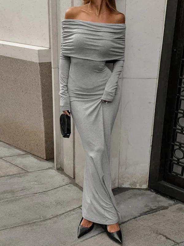 Long Sleeves Skinny Pleated Solid Color Split-Joint Off-The-Shoulder Evening Dresses Maxi Dresses - Image 2