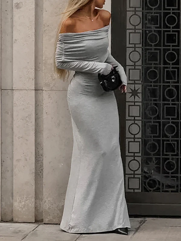 Long Sleeves Skinny Pleated Solid Color Split-Joint Off-The-Shoulder Evening Dresses Maxi Dresses - Image 4