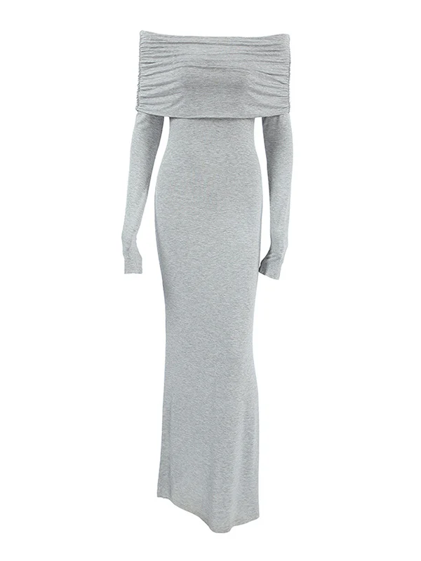 Long Sleeves Skinny Pleated Solid Color Split-Joint Off-The-Shoulder Evening Dresses Maxi Dresses - Image 9