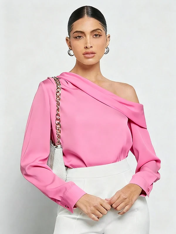 Long Sleeves Skinny Pleated Solid Color Split-Joint One-Shoulder Blouses&Shirts Tops - Image 11