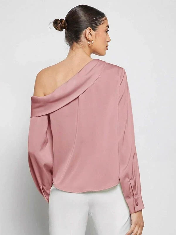 Long Sleeves Skinny Pleated Solid Color Split-Joint One-Shoulder Blouses&Shirts Tops - Image 12