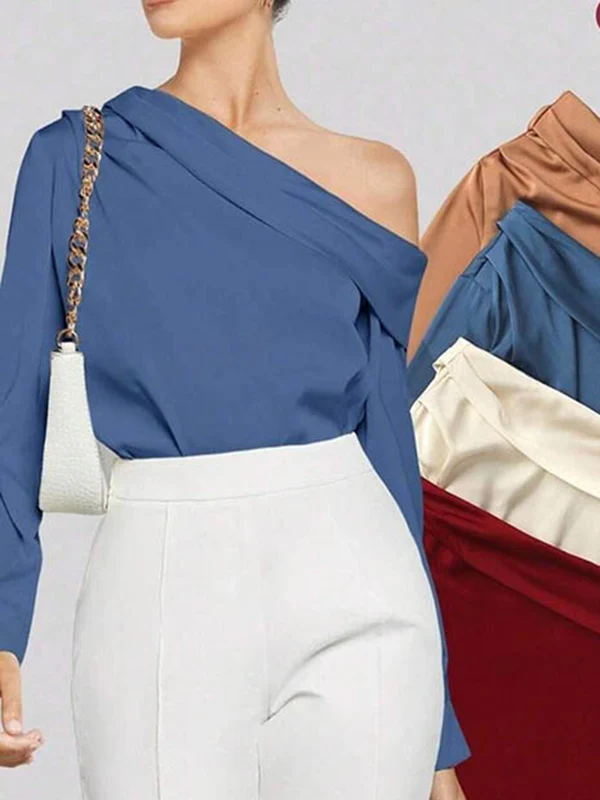 Long Sleeves Skinny Pleated Solid Color Split-Joint One-Shoulder Blouses&Shirts Tops - Image 13