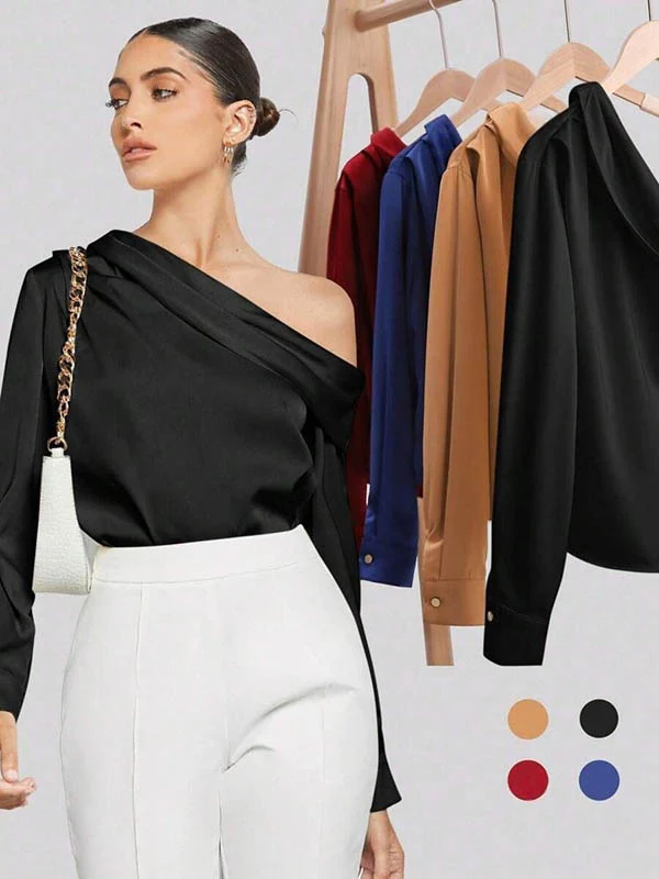Long Sleeves Skinny Pleated Solid Color Split-Joint One-Shoulder Blouses&Shirts Tops - Image 14