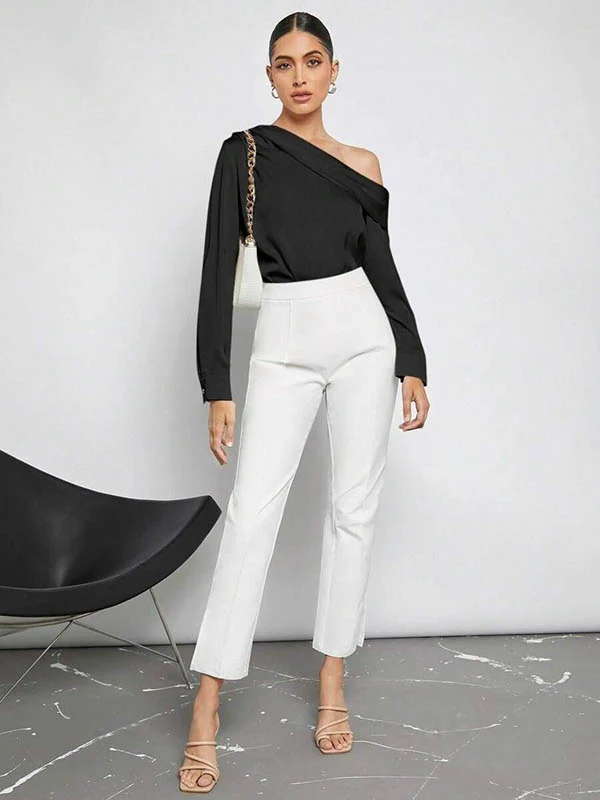 Long Sleeves Skinny Pleated Solid Color Split-Joint One-Shoulder Blouses&Shirts Tops - Image 15