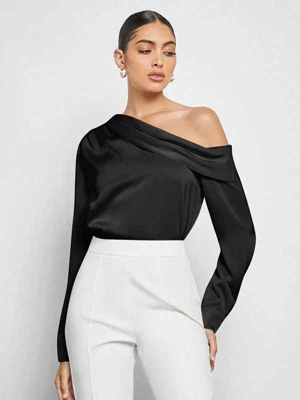 Long Sleeves Skinny Pleated Solid Color Split-Joint One-Shoulder Blouses&Shirts Tops - Image 16