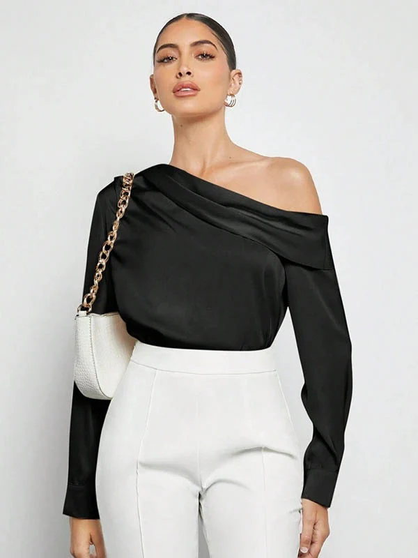 Long Sleeves Skinny Pleated Solid Color Split-Joint One-Shoulder Blouses&Shirts Tops - Image 17