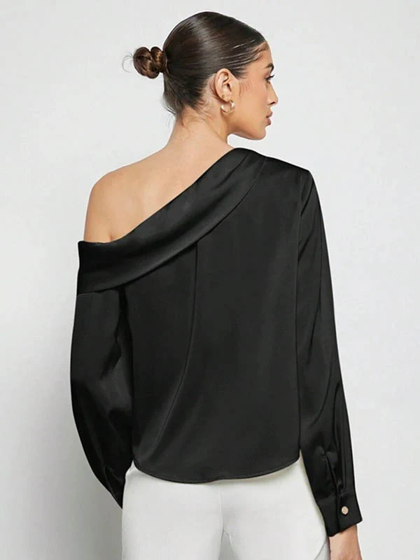 Long Sleeves Skinny Pleated Solid Color Split-Joint One-Shoulder Blouses&Shirts Tops - Image 18