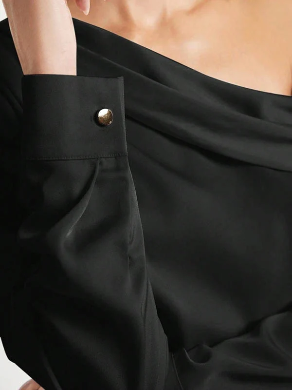 Long Sleeves Skinny Pleated Solid Color Split-Joint One-Shoulder Blouses&Shirts Tops - Image 19