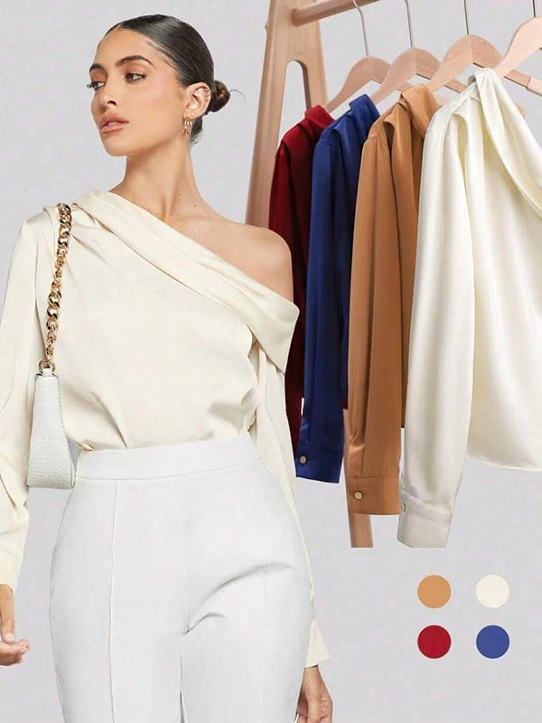 Long Sleeves Skinny Pleated Solid Color Split-Joint One-Shoulder Blouses&Shirts Tops - Image 2