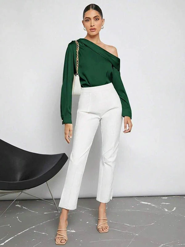 Long Sleeves Skinny Pleated Solid Color Split-Joint One-Shoulder Blouses&Shirts Tops - Image 20