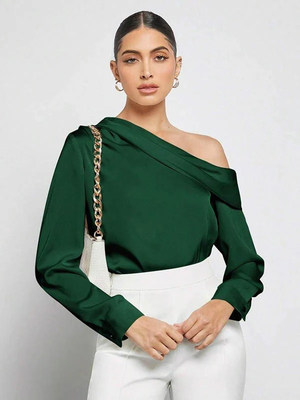 Long Sleeves Skinny Pleated Solid Color Split-Joint One-Shoulder Blouses&Shirts Tops - Image 21