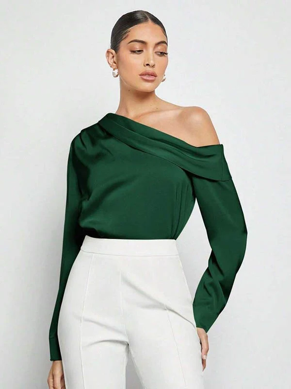 Long Sleeves Skinny Pleated Solid Color Split-Joint One-Shoulder Blouses&Shirts Tops - Image 22