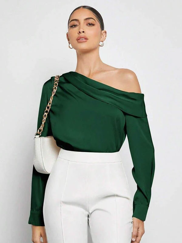 Long Sleeves Skinny Pleated Solid Color Split-Joint One-Shoulder Blouses&Shirts Tops - Image 23