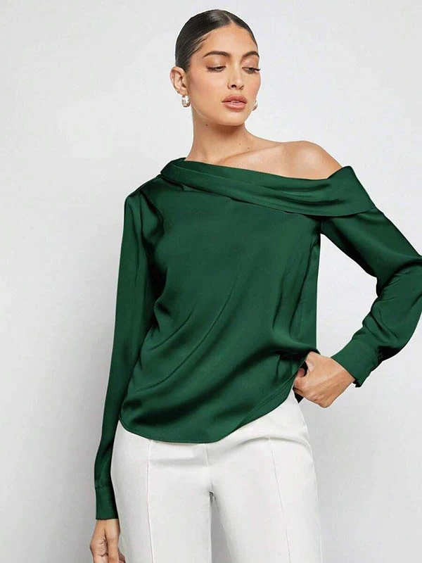 Long Sleeves Skinny Pleated Solid Color Split-Joint One-Shoulder Blouses&Shirts Tops - Image 24