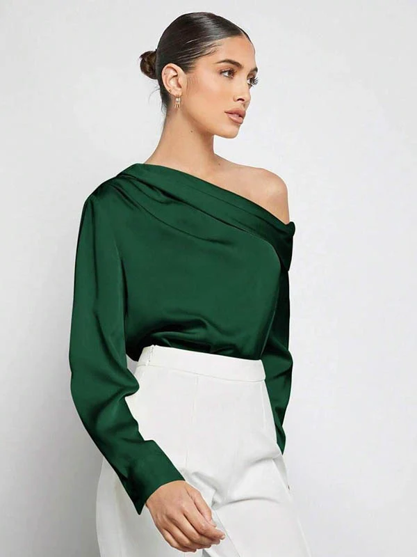 Long Sleeves Skinny Pleated Solid Color Split-Joint One-Shoulder Blouses&Shirts Tops - Image 25