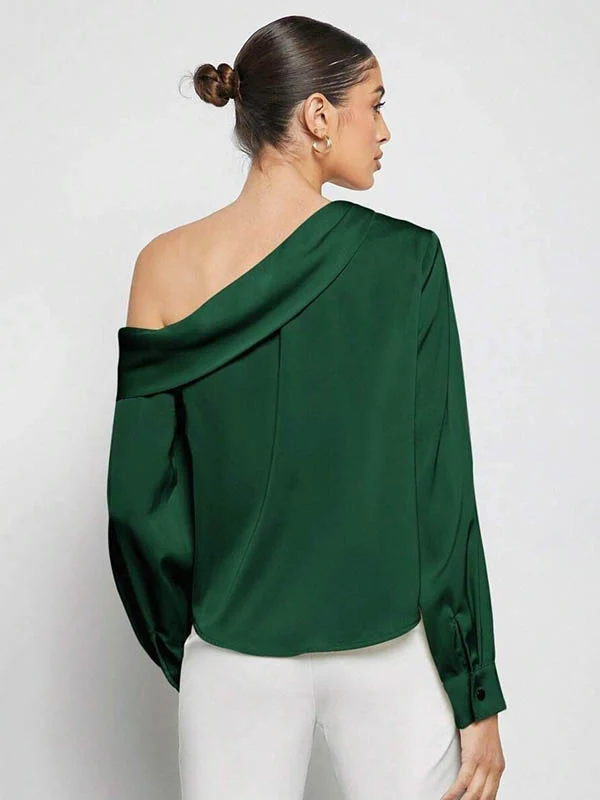 Long Sleeves Skinny Pleated Solid Color Split-Joint One-Shoulder Blouses&Shirts Tops - Image 26
