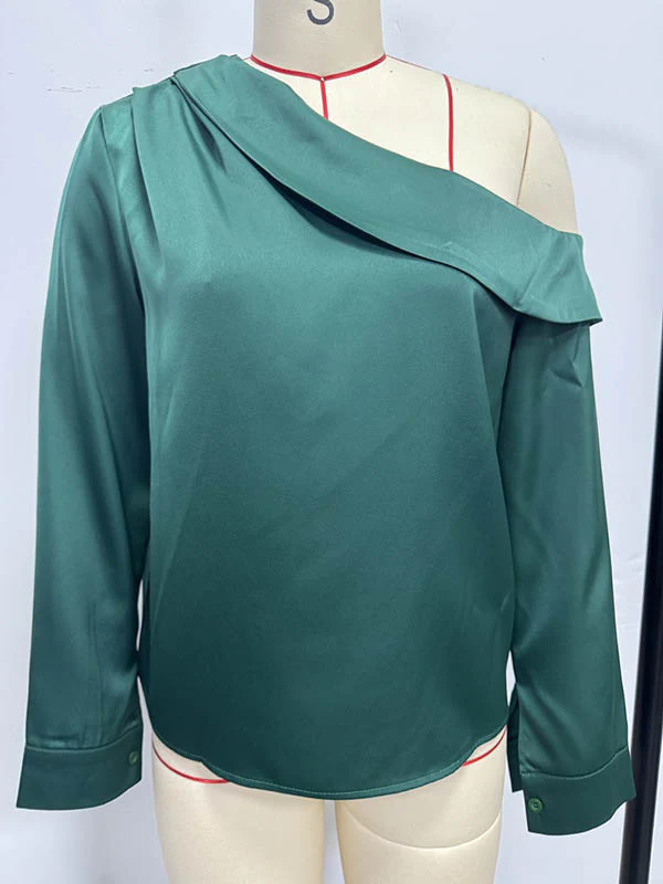 Long Sleeves Skinny Pleated Solid Color Split-Joint One-Shoulder Blouses&Shirts Tops - Image 28